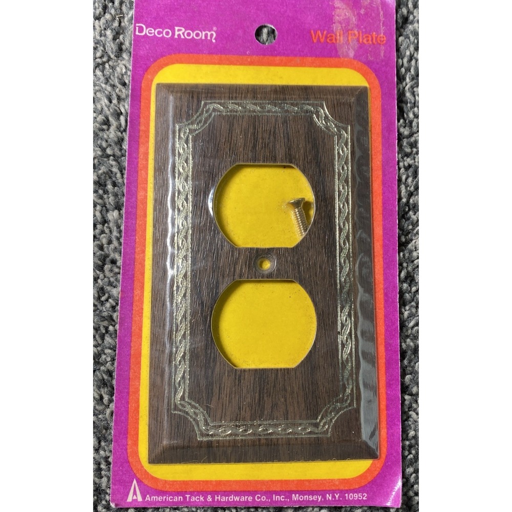Vintage American Tack Hardware Walnut Faux Wood Switch Wall Plate Gold Metal